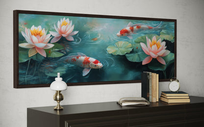 Panoramic Koi Fish Long Horizontal Framed Canvas Wall Art