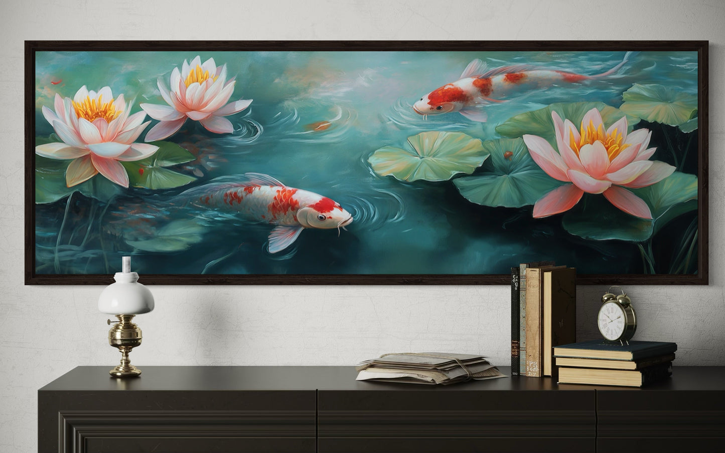 Panoramic Koi Fish Long Horizontal Framed Canvas Wall Art