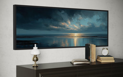 Panoramic Ocean Blue Grey And Gold Sunset Wall Art