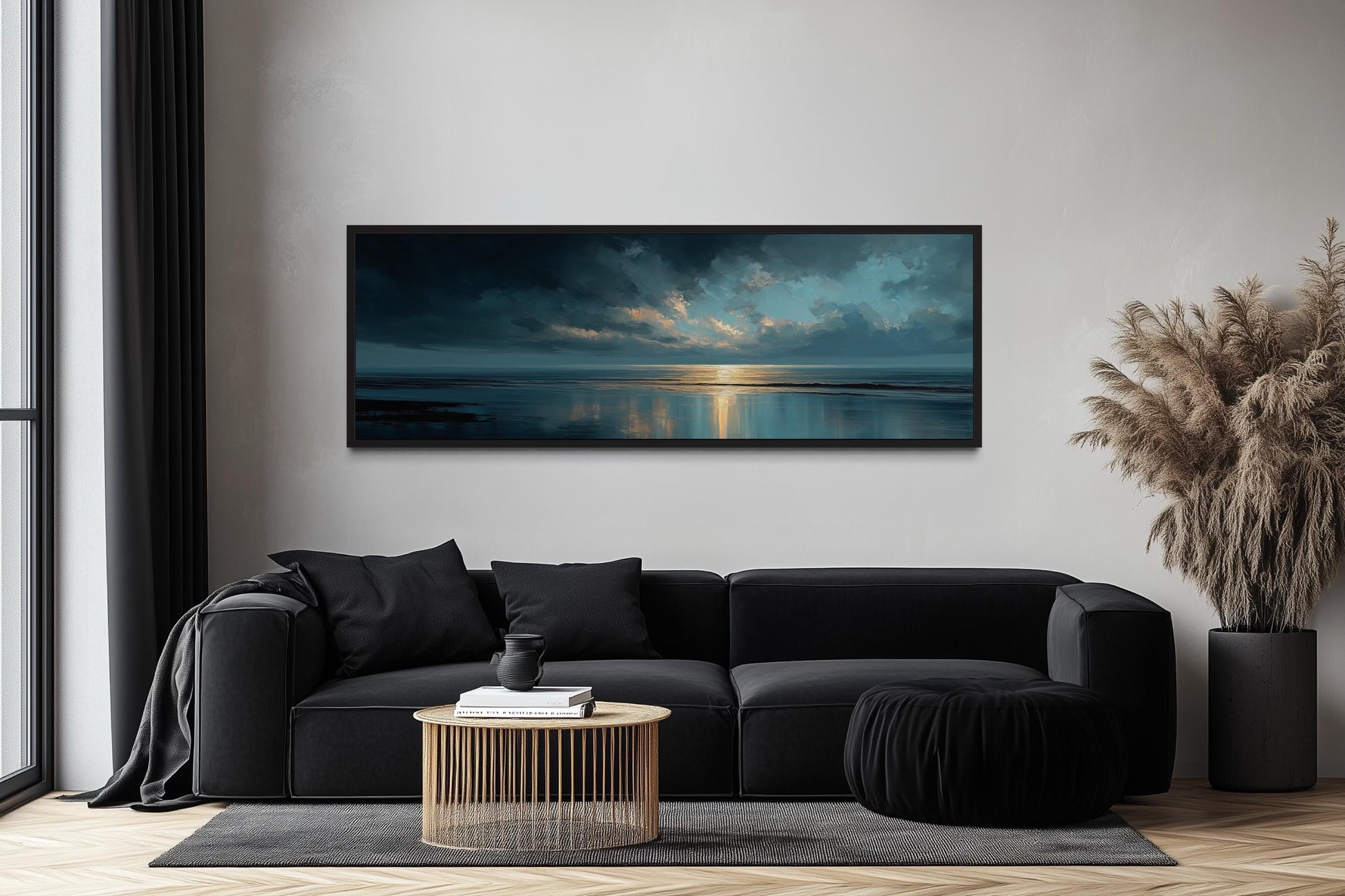 Panoramic Ocean Blue Grey And Gold Sunset Wall Art