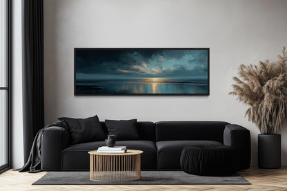 Panoramic Ocean Blue Grey And Gold Sunset Wall Art