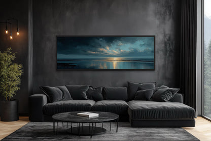 Panoramic Ocean Blue Grey And Gold Sunset Wall Art
