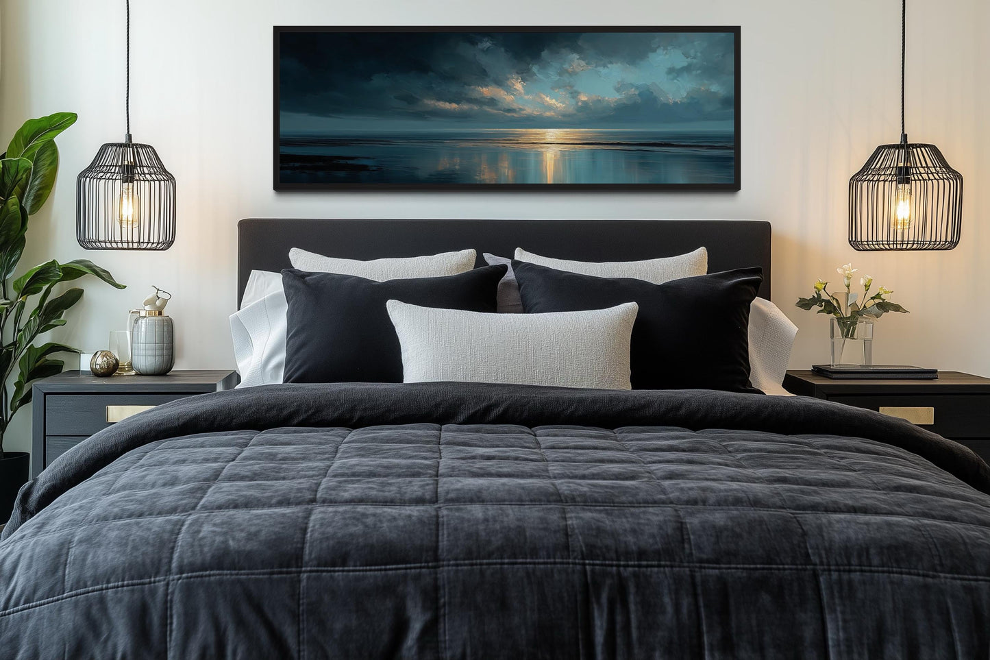 Panoramic Ocean Blue Grey And Gold Sunset Wall Art