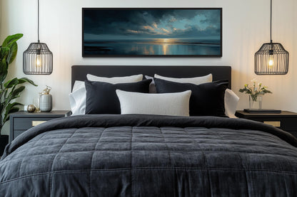 Panoramic Ocean Blue Grey And Gold Sunset Wall Art