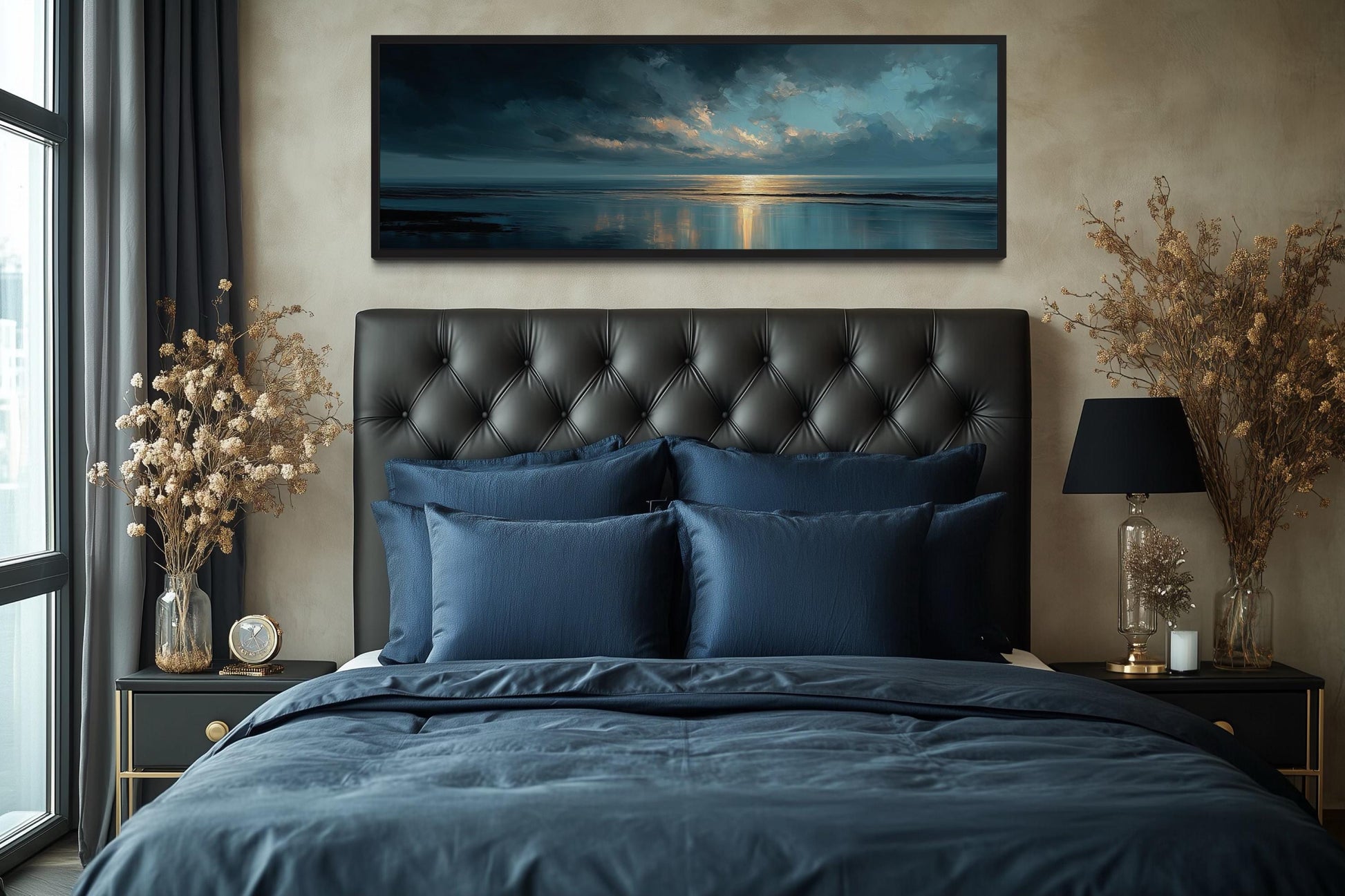 Panoramic Ocean Blue Grey And Gold Sunset Wall Art