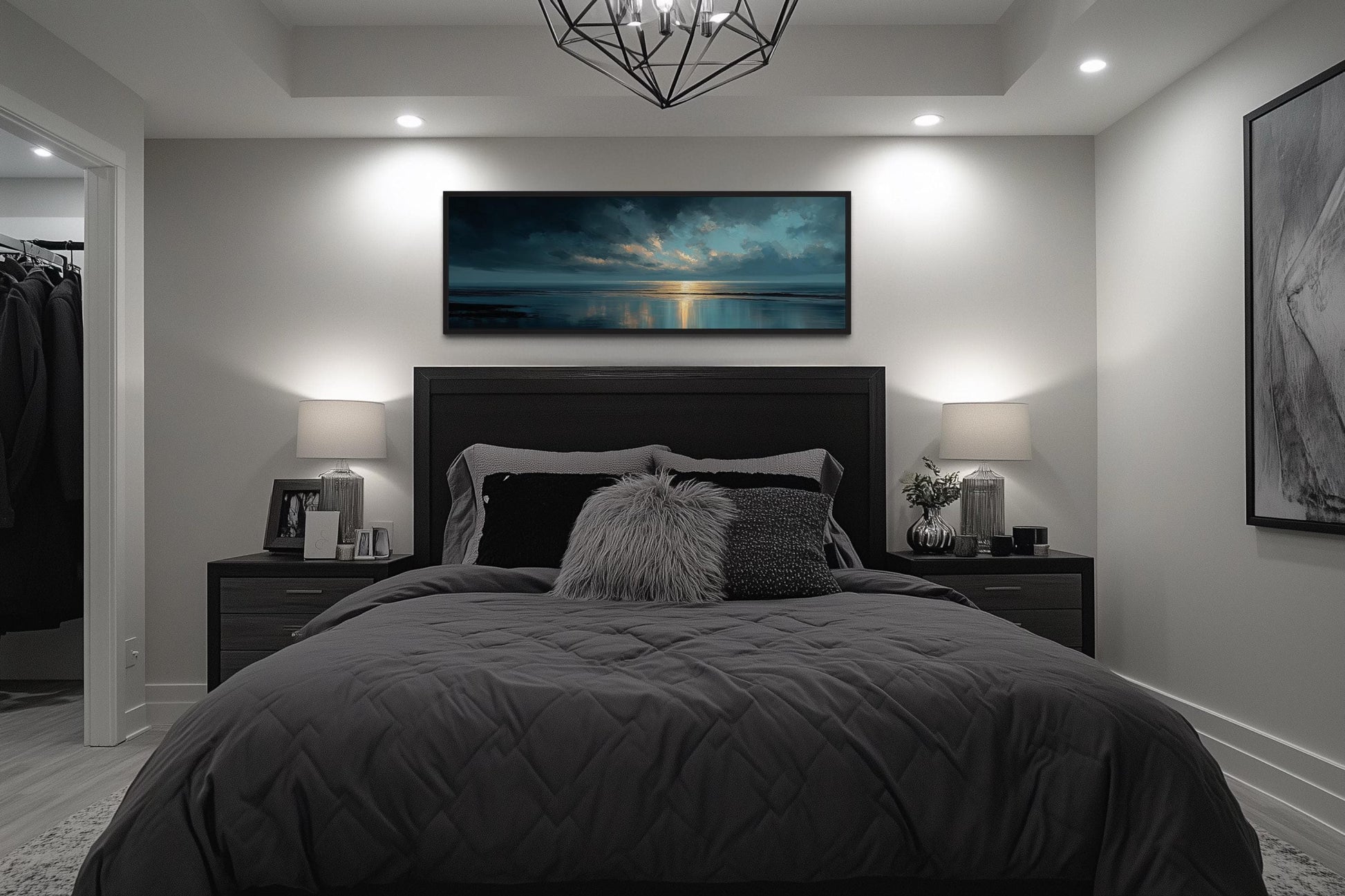 Panoramic Ocean Blue Grey And Gold Sunset Wall Art
