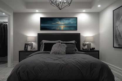 Panoramic Ocean Blue Grey And Gold Sunset Wall Art