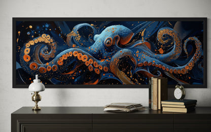 Panoramic Octopus Navy Blue Framed Canvas Wall Art