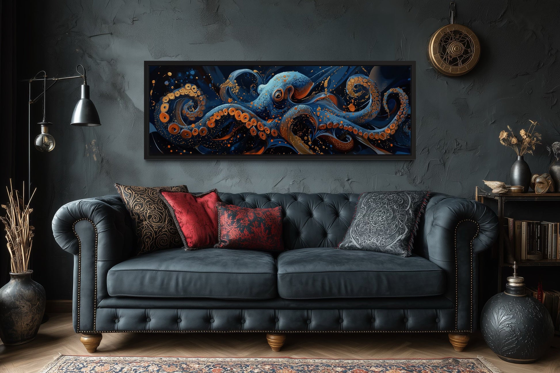 Panoramic Octopus Navy Blue Framed Canvas Wall Art
