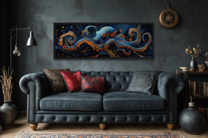 Panoramic Octopus Navy Blue Framed Canvas Wall Art