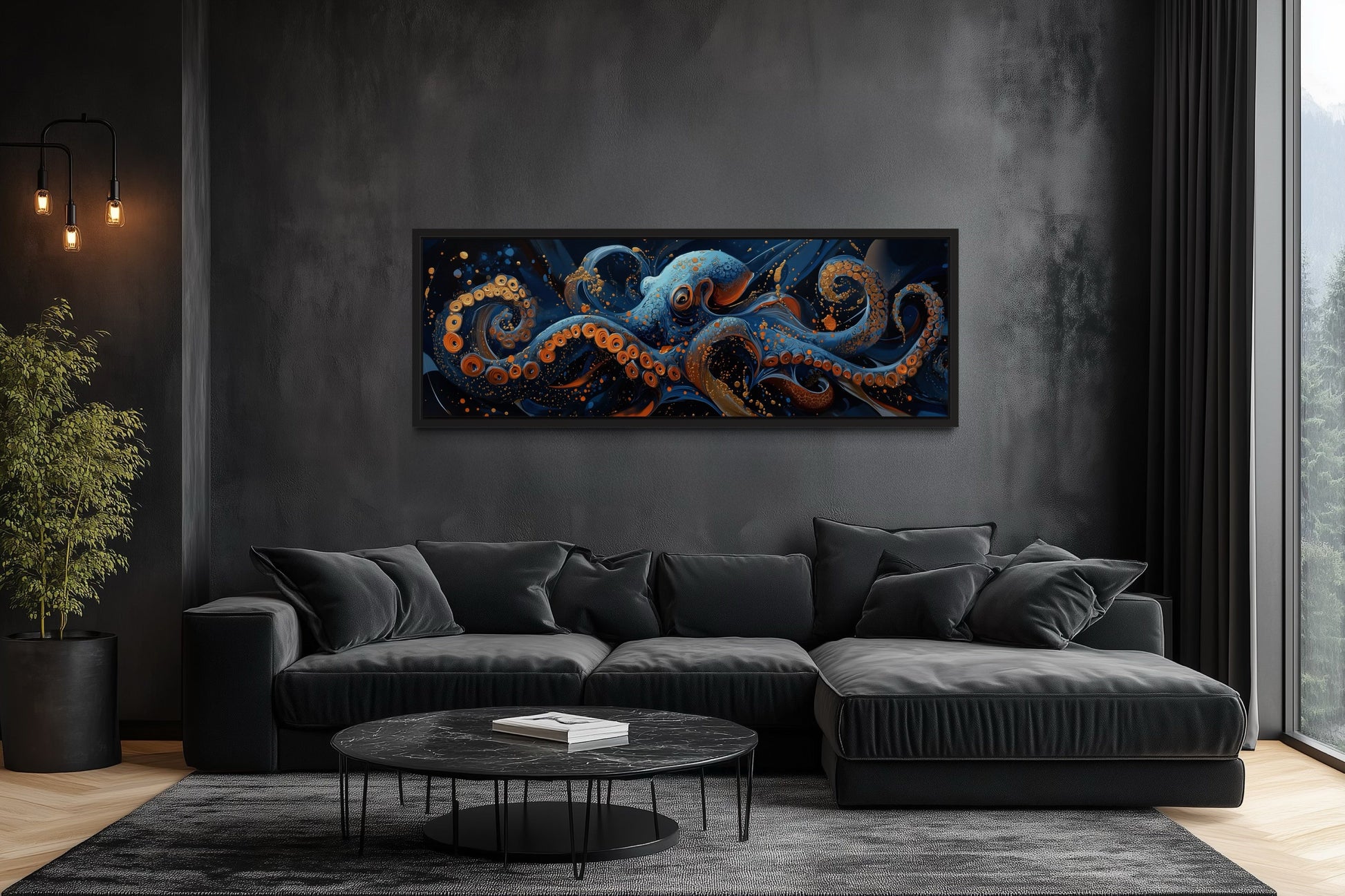 Panoramic Octopus Navy Blue Framed Canvas Wall Art
