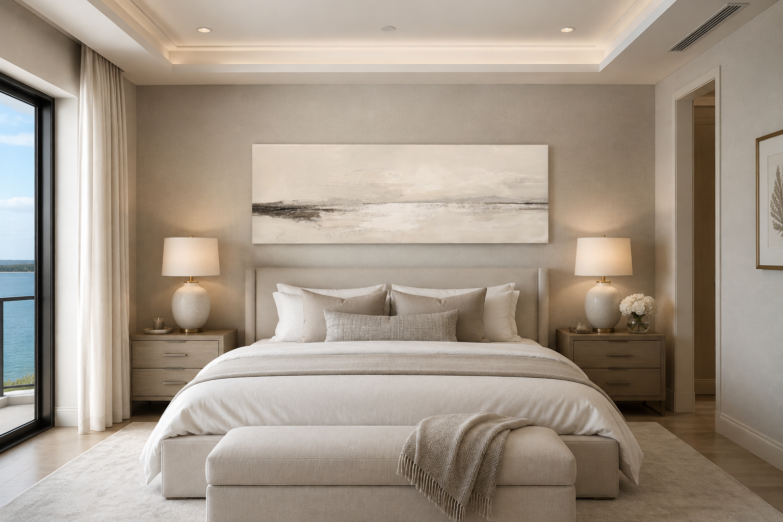 Panoramic Coastal Landscape Neutral Bedroom Framed Canvas Wall Art