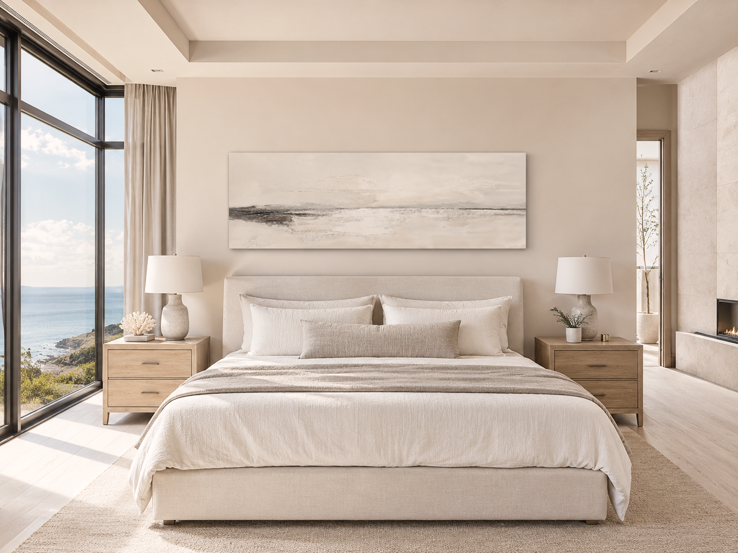 Panoramic Coastal Landscape Neutral Bedroom Framed Canvas Wall Art