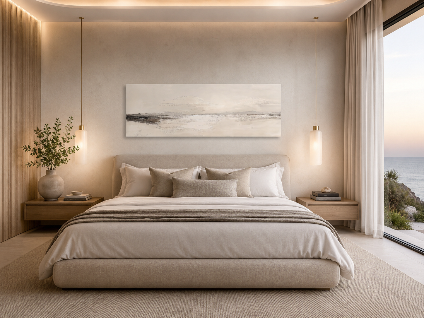 Panoramic Coastal Landscape Neutral Bedroom Framed Canvas Wall Art