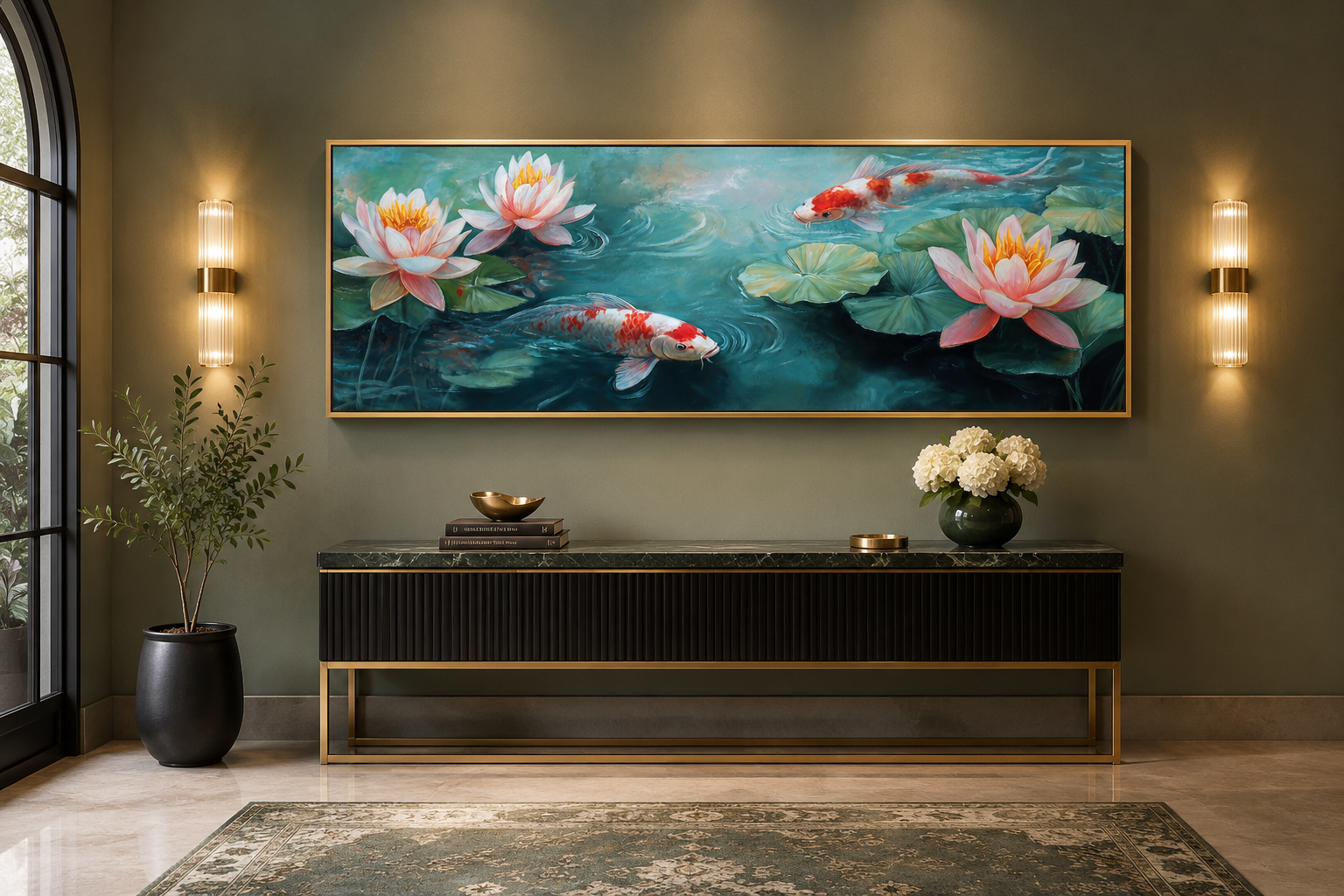 Panoramic Koi Fish Long Horizontal Framed Canvas Wall Art