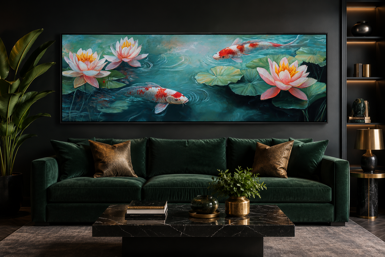 Panoramic Koi Fish Long Horizontal Framed Canvas Wall Art