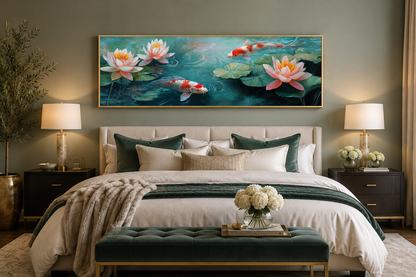 Panoramic Koi Fish Long Horizontal Framed Canvas Wall Art