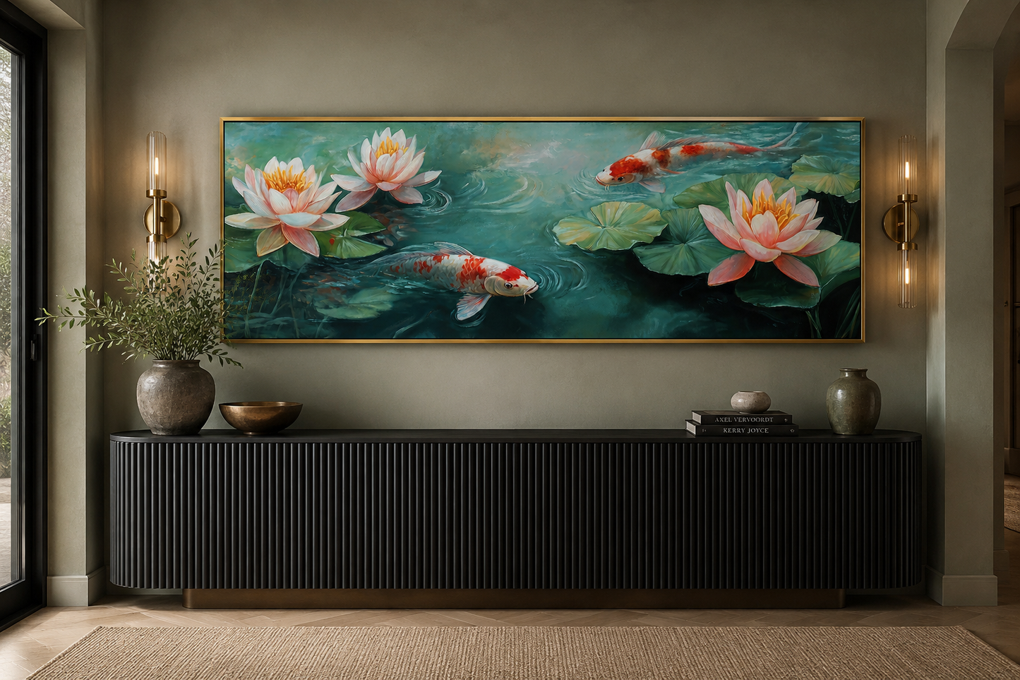 Panoramic Koi Fish Long Horizontal Framed Canvas Wall Art