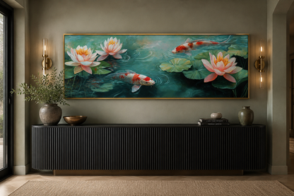 Panoramic Koi Fish Long Horizontal Framed Canvas Wall Art