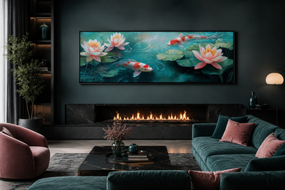 Panoramic Koi Fish Long Horizontal Framed Canvas Wall Art