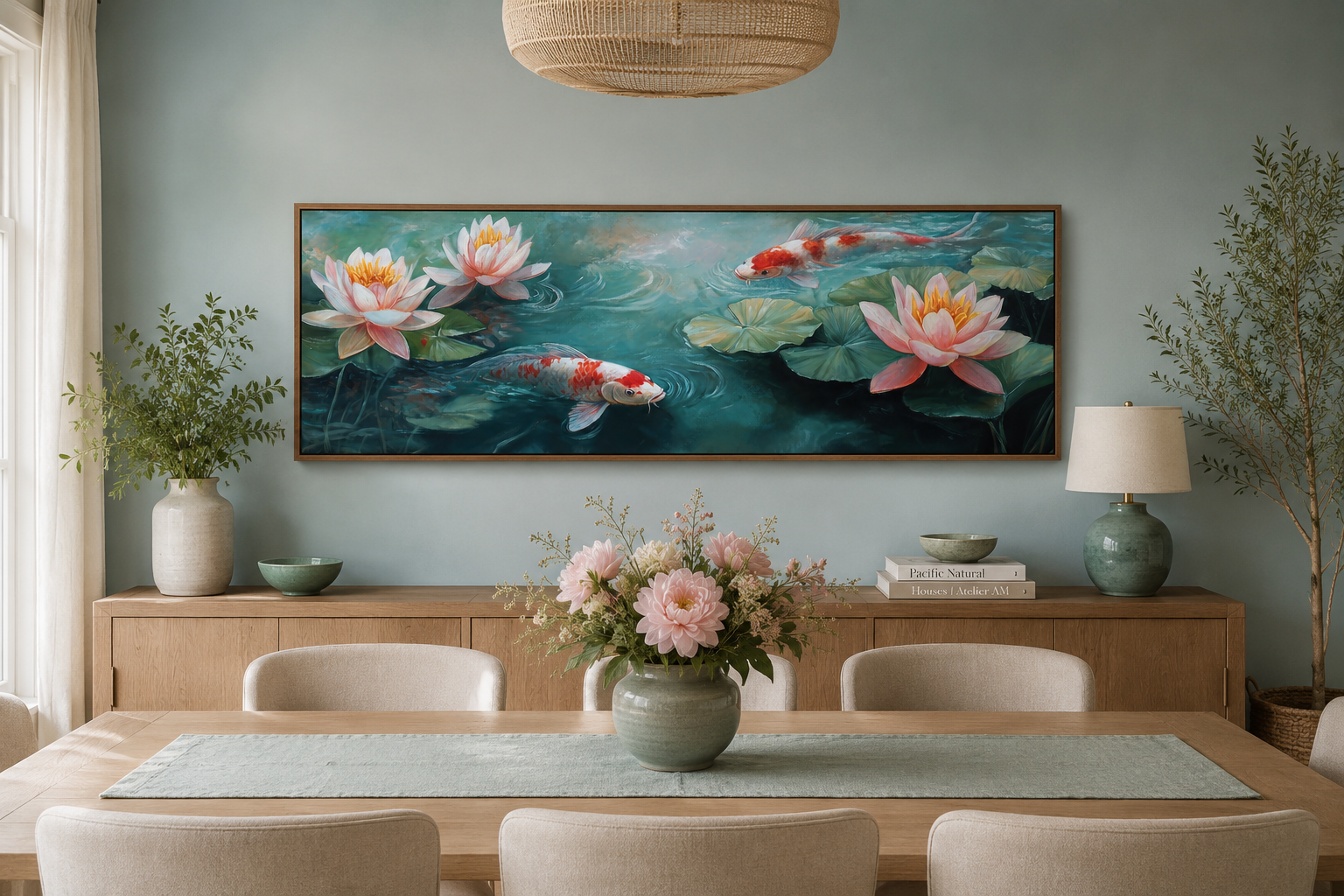 Panoramic Koi Fish Long Horizontal Framed Canvas Wall Art