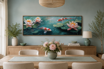 Panoramic Koi Fish Long Horizontal Framed Canvas Wall Art