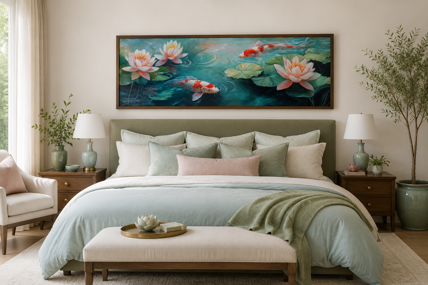 Panoramic Koi Fish Long Horizontal Framed Canvas Wall Art