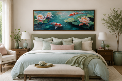 Panoramic Koi Fish Long Horizontal Framed Canvas Wall Art