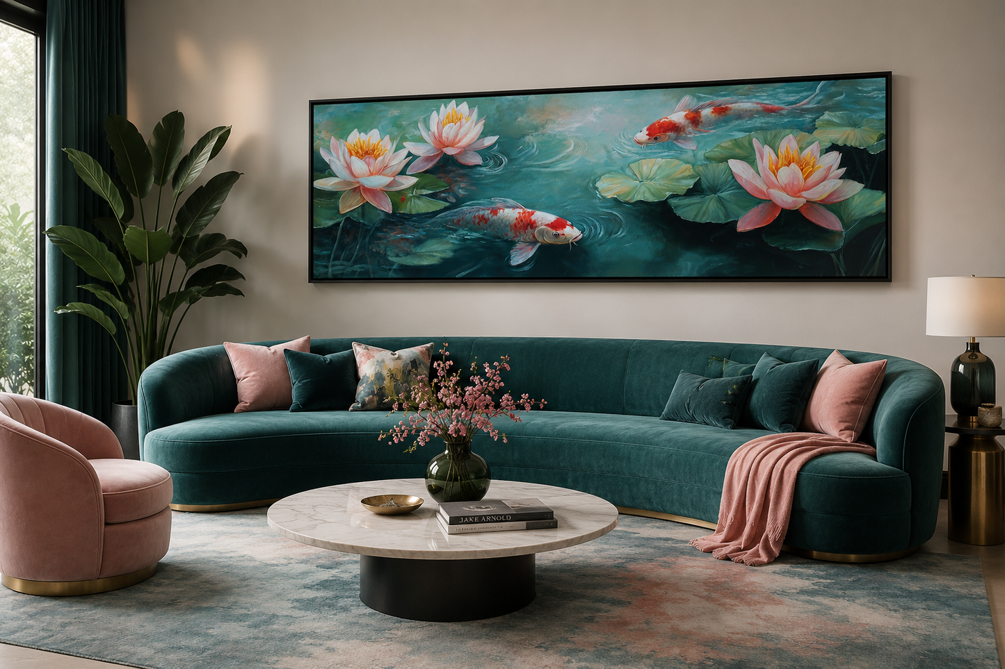 Panoramic Koi Fish Long Horizontal Framed Canvas Wall Art