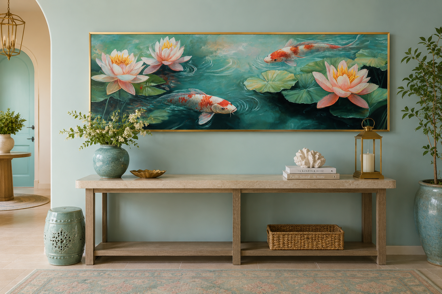 Panoramic Koi Fish Long Horizontal Framed Canvas Wall Art