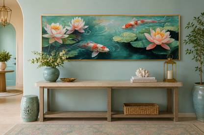 Panoramic Koi Fish Long Horizontal Framed Canvas Wall Art