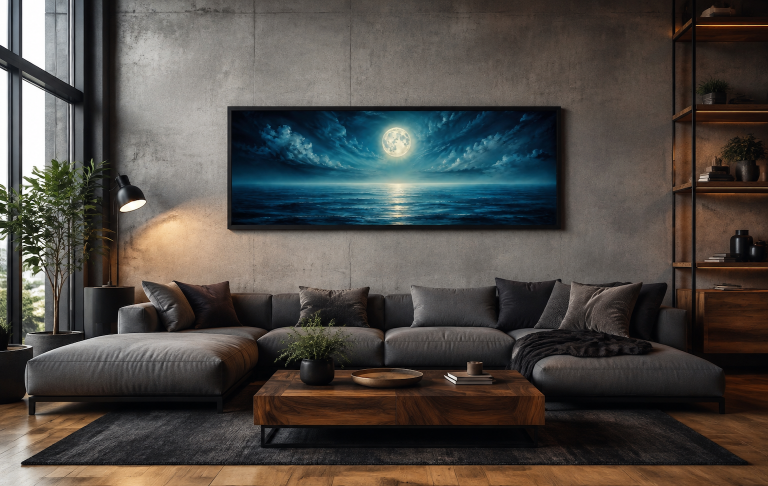 Panoramic Navy Blue Ocean And Moon In Night Sky Wall Art Above Men Bed Decor
