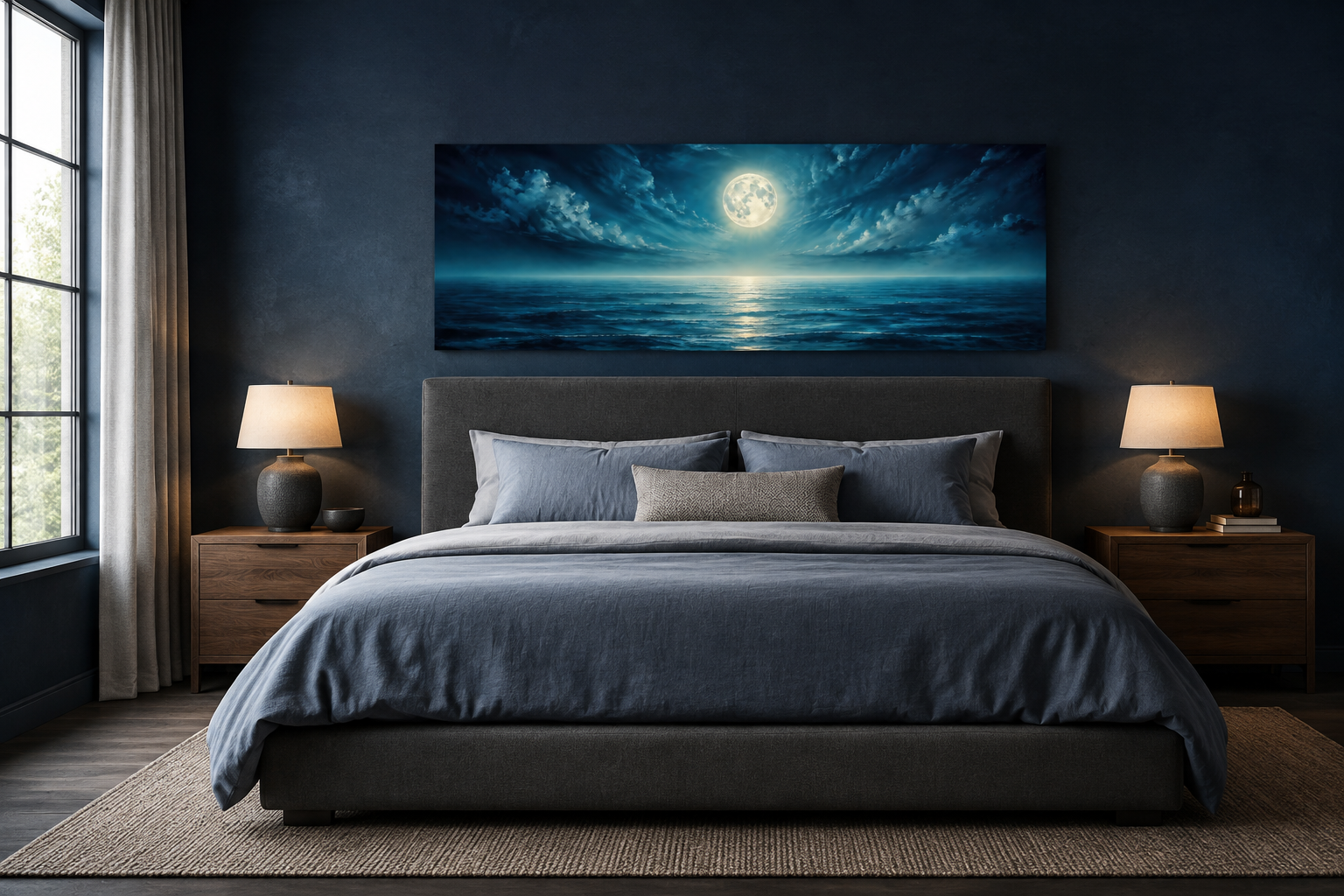 Panoramic Navy Blue Ocean And Moon In Night Sky Wall Art Above Men Bed Decor