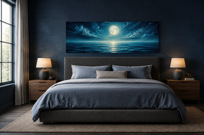 Panoramic Navy Blue Ocean And Moon In Night Sky Wall Art Above Men Bed Decor