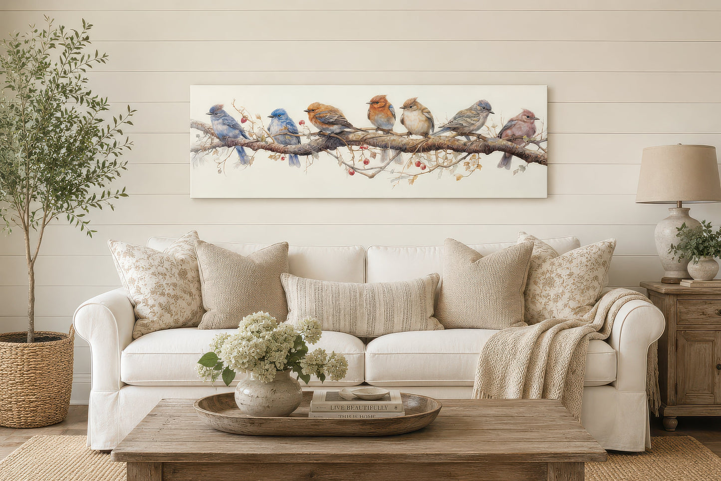 Birds Perched On a Branch Horizontal Framed Canvas Wall Art
