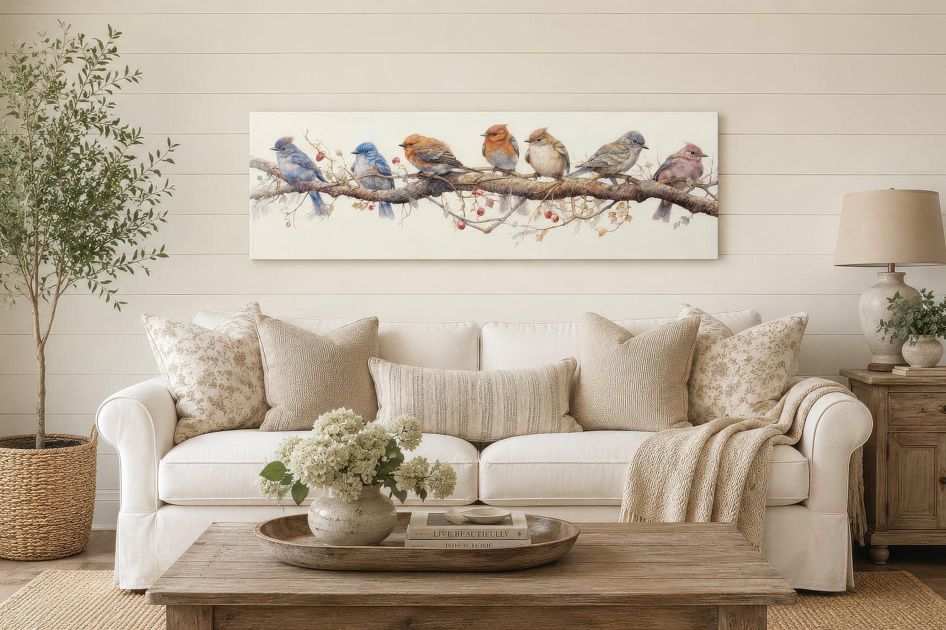 Birds Perched On a Branch Horizontal Framed Canvas Wall Art