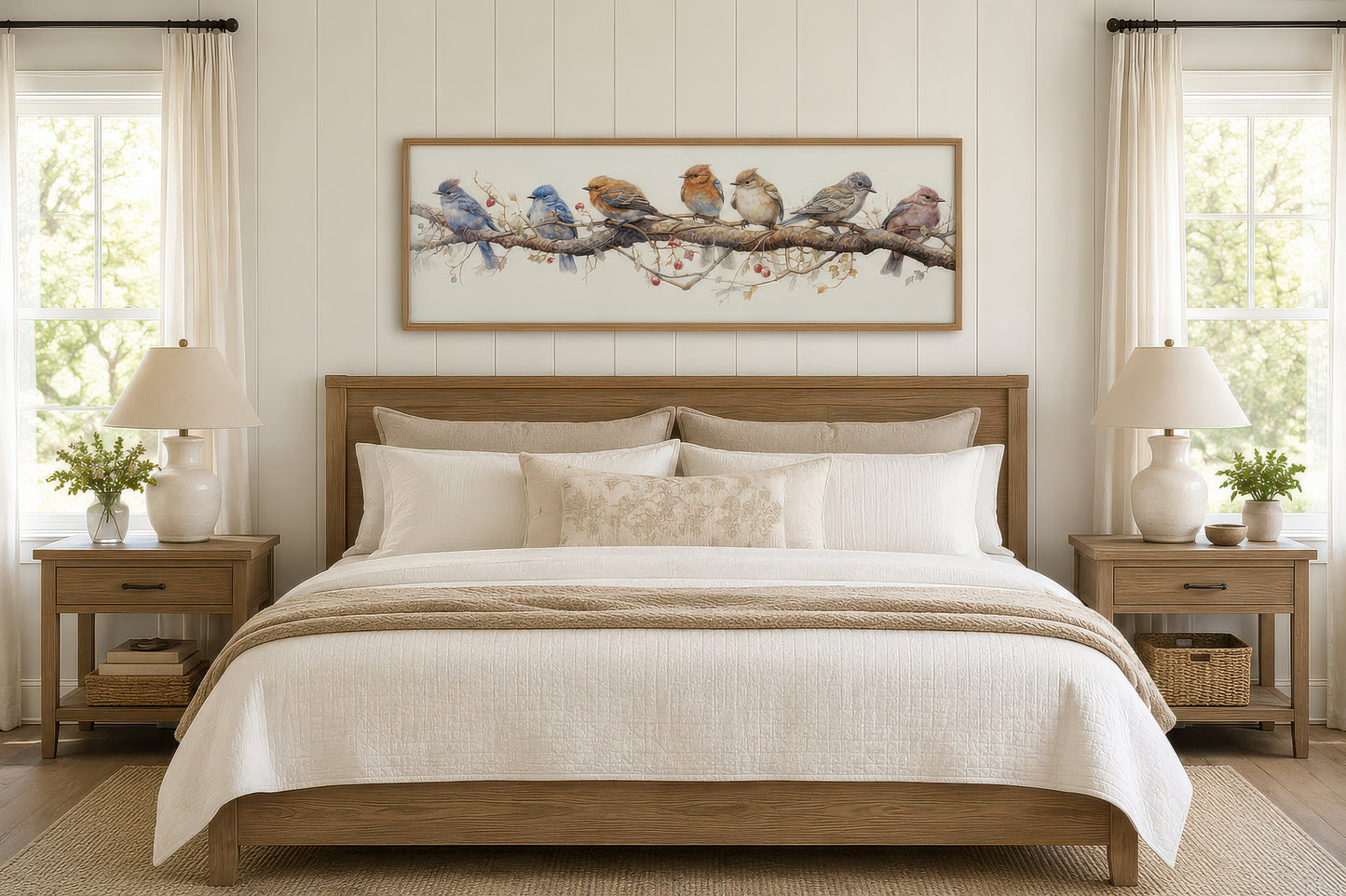 Birds Perched On a Branch Horizontal Framed Canvas Wall Art