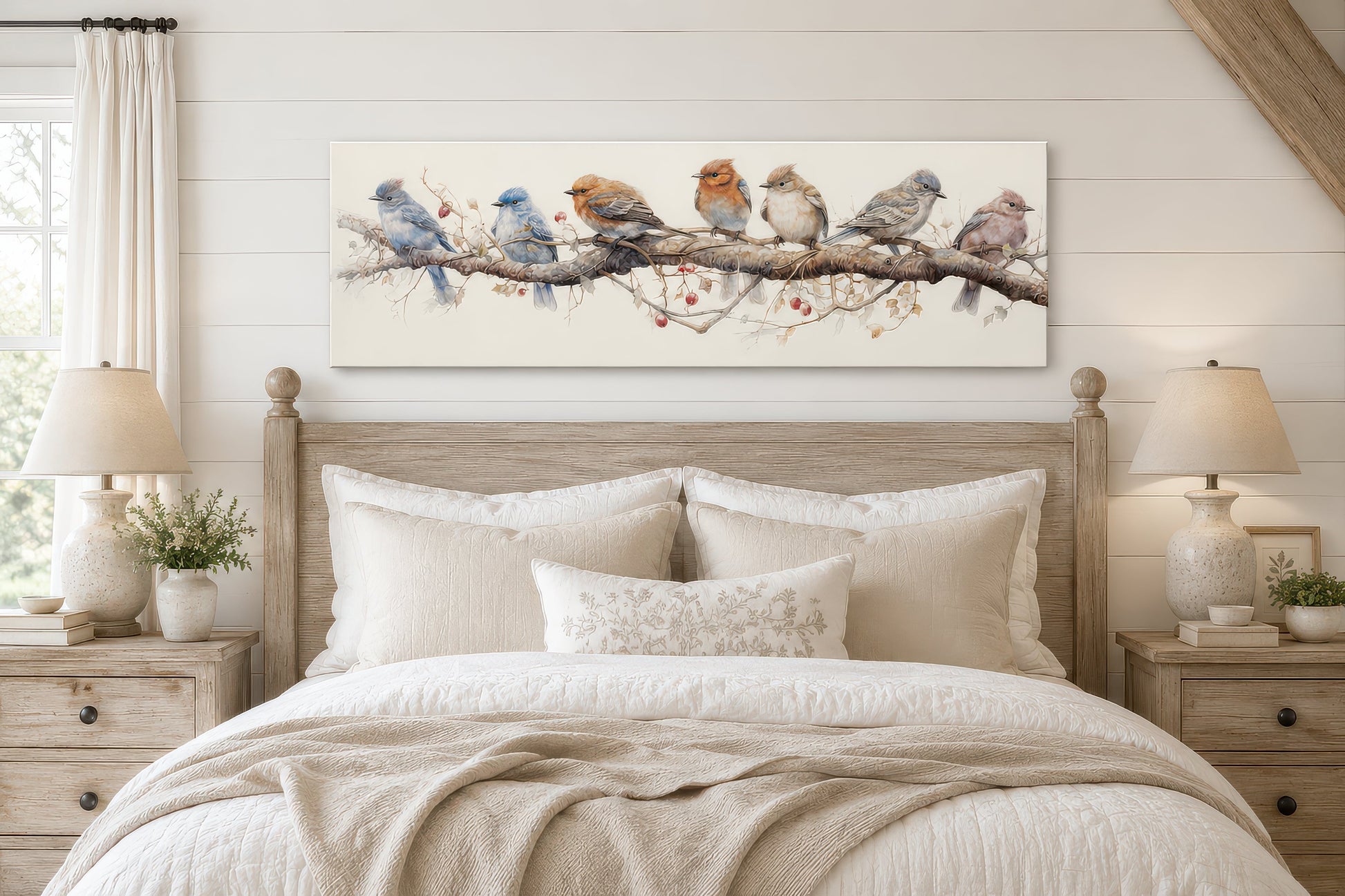 Birds Perched On a Branch Horizontal Framed Canvas Wall Art
