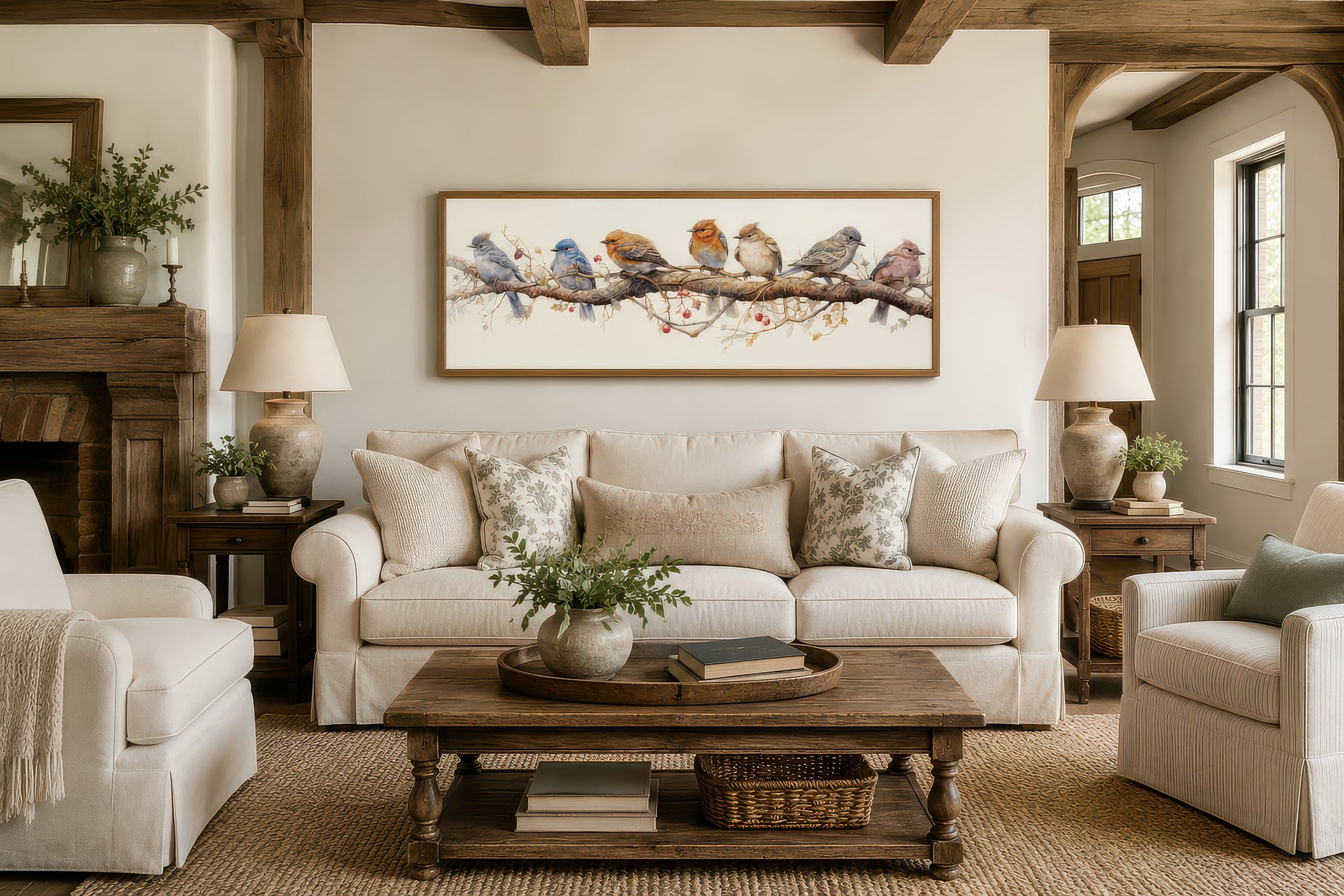 Birds Perched On a Branch Horizontal Framed Canvas Wall Art