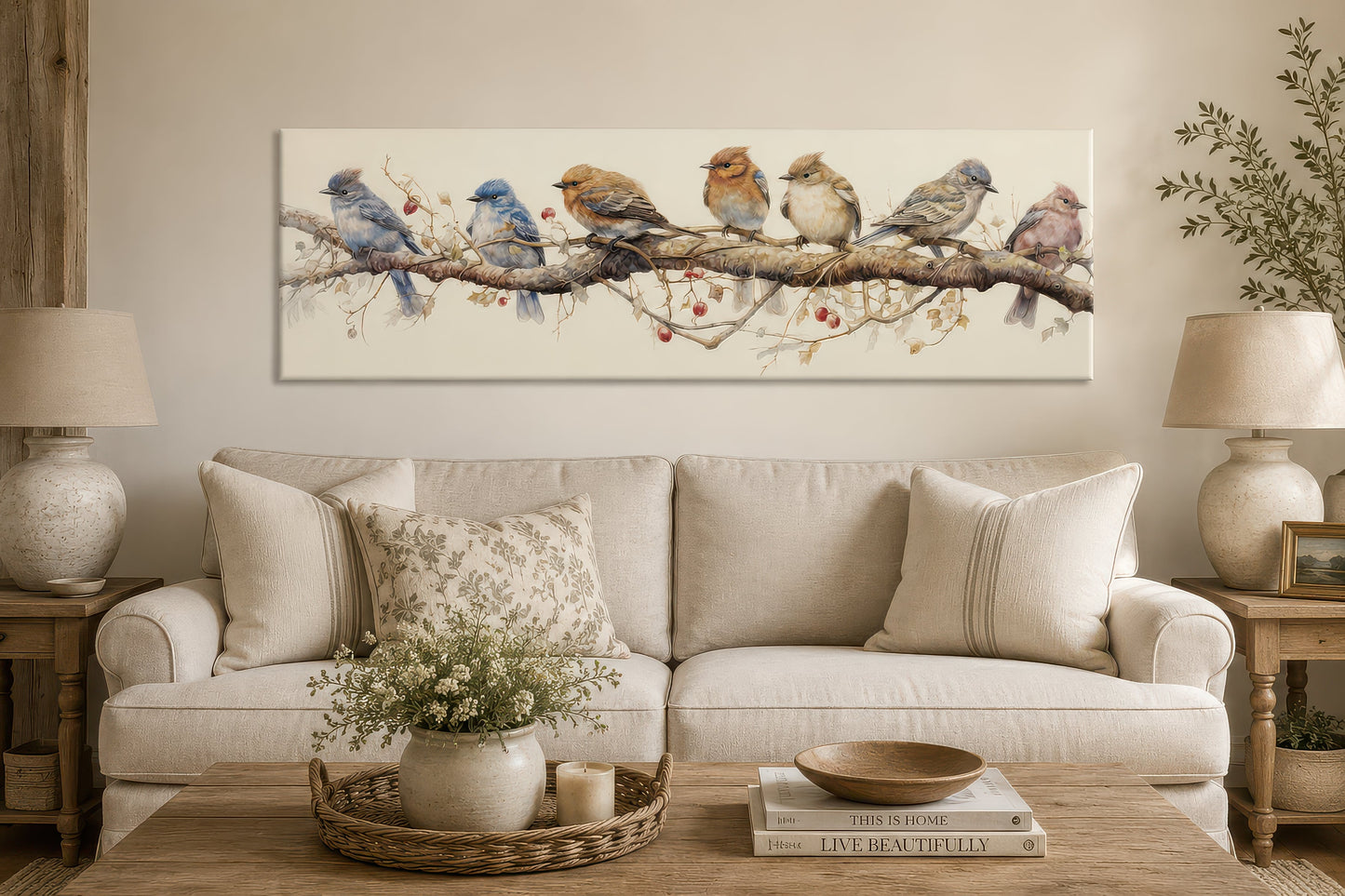 Birds Perched On a Branch Horizontal Framed Canvas Wall Art
