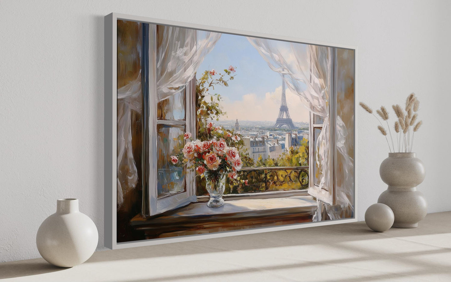 Paris Window View Wall Art With Eiffel Tower And Flowers