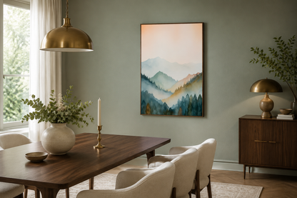 Pastel Mountains Landscape Blush Pink And Green Vertical Framed Canvas Wall Art