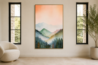 Pastel Mountains Landscape Blush Pink And Green Vertical Framed Canvas Wall Art