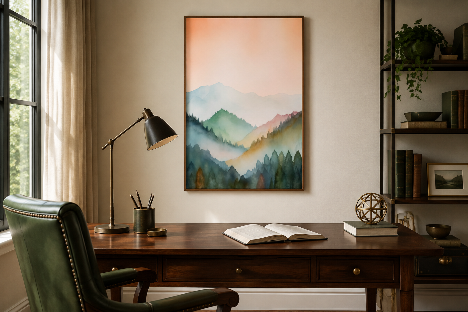 Pastel Mountains Landscape Blush Pink And Green Vertical Framed Canvas Wall Art