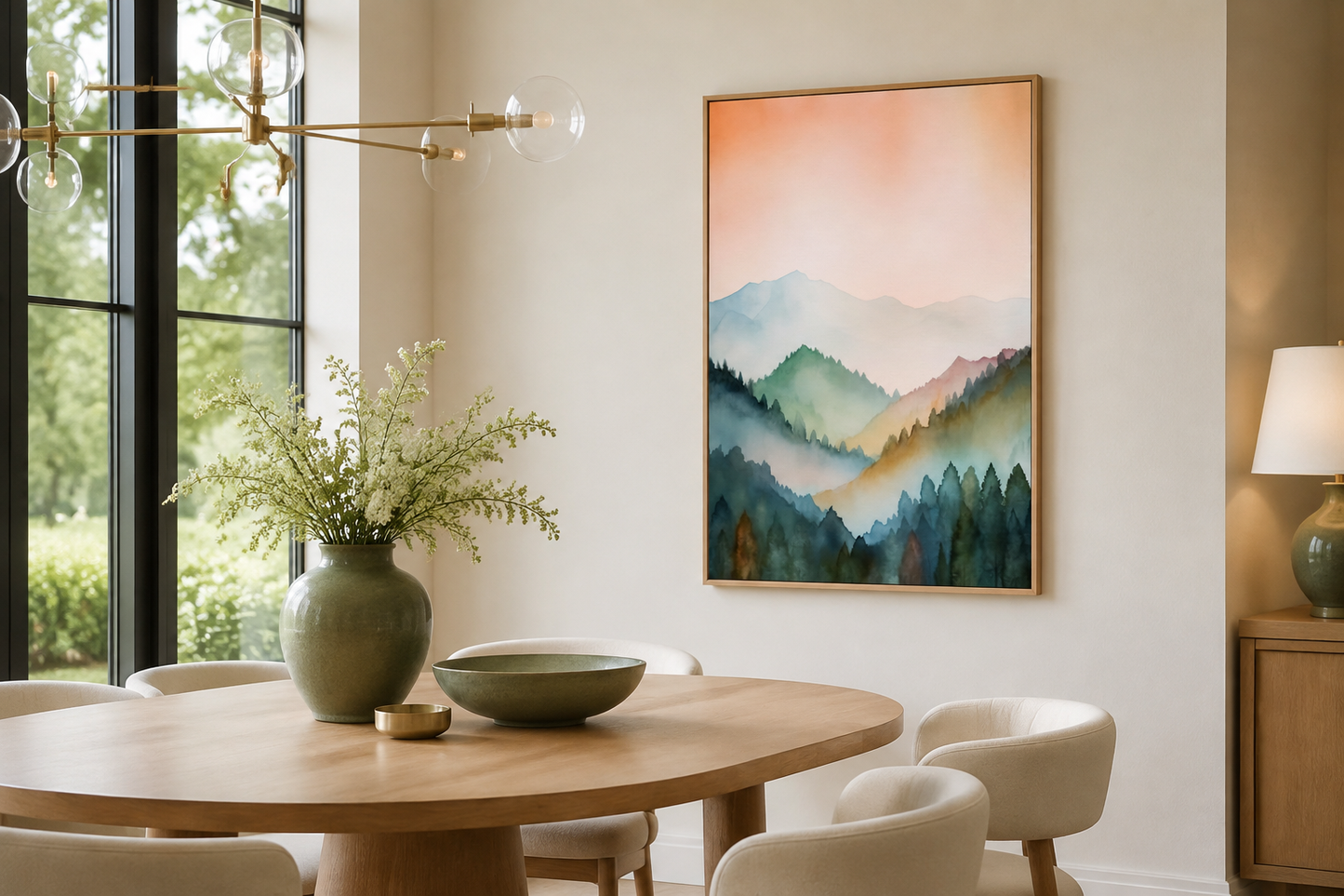 Pastel Mountains Landscape Blush Pink And Green Vertical Framed Canvas Wall Art