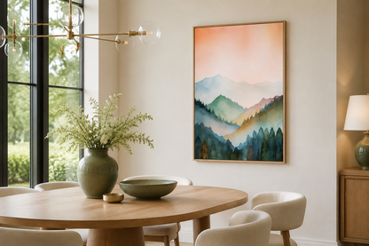 Pastel Mountains Landscape Blush Pink And Green Vertical Framed Canvas Wall Art