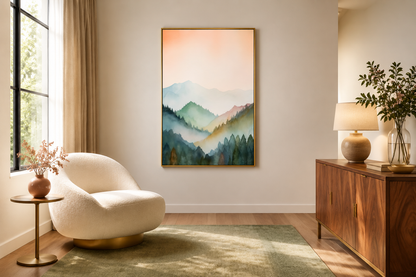 Pastel Mountains Landscape Blush Pink And Green Vertical Framed Canvas Wall Art