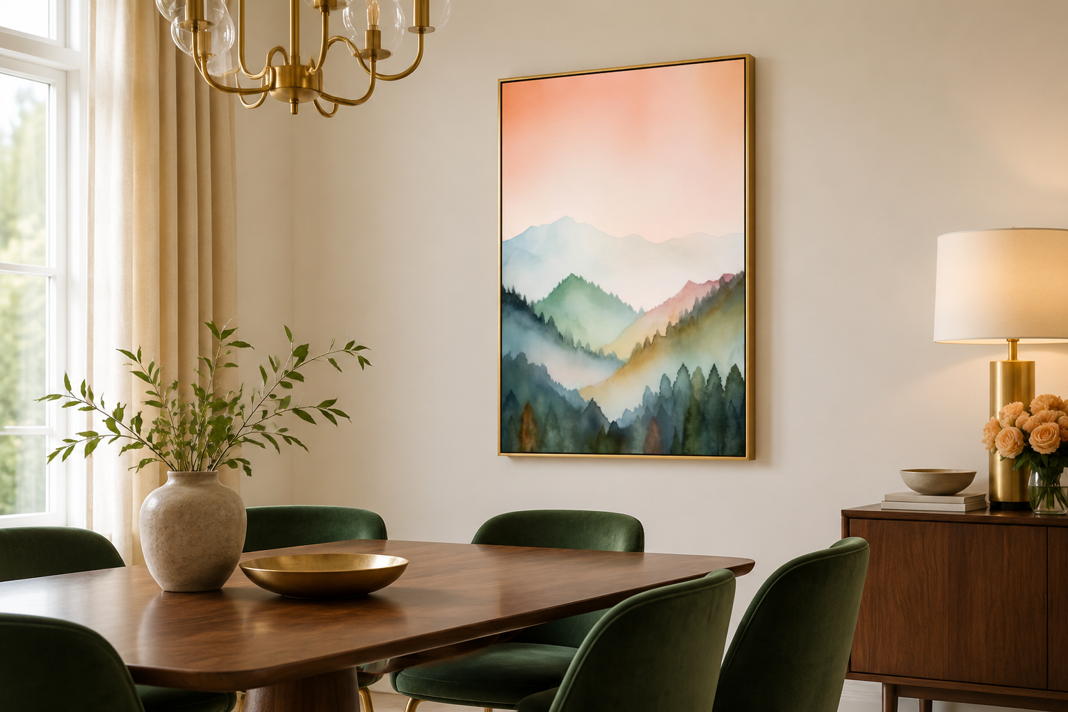 Pastel Mountains Landscape Blush Pink And Green Vertical Framed Canvas Wall Art