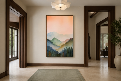 Pastel Mountains Landscape Blush Pink And Green Vertical Framed Canvas Wall Art