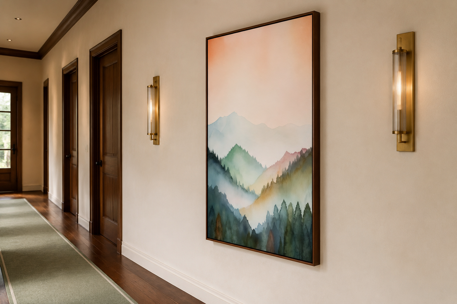 Pastel Mountains Landscape Blush Pink And Green Vertical Framed Canvas Wall Art